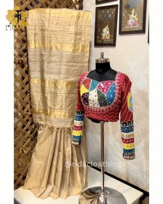 Tussar  tissue  saree  with hand painted blouse 